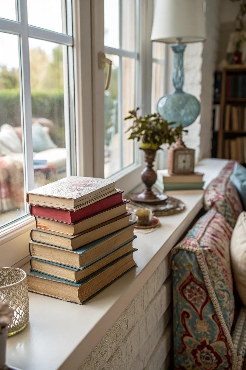 Arrangements of books can function as ornamental details in any space.