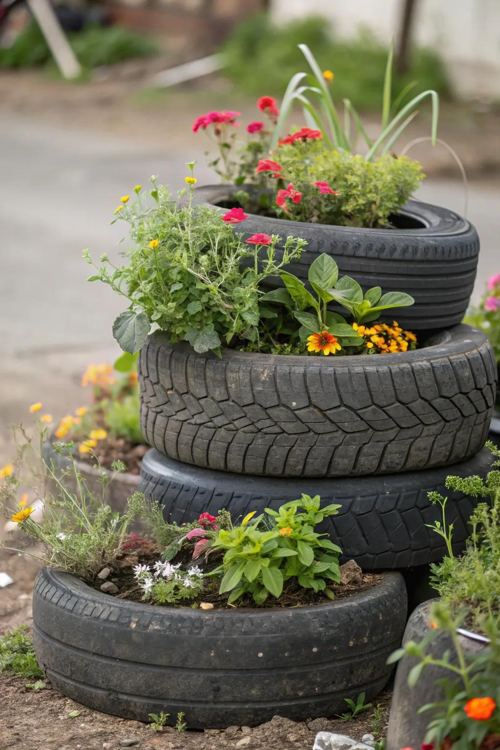 Rich exhibition with layered greenery in tires.