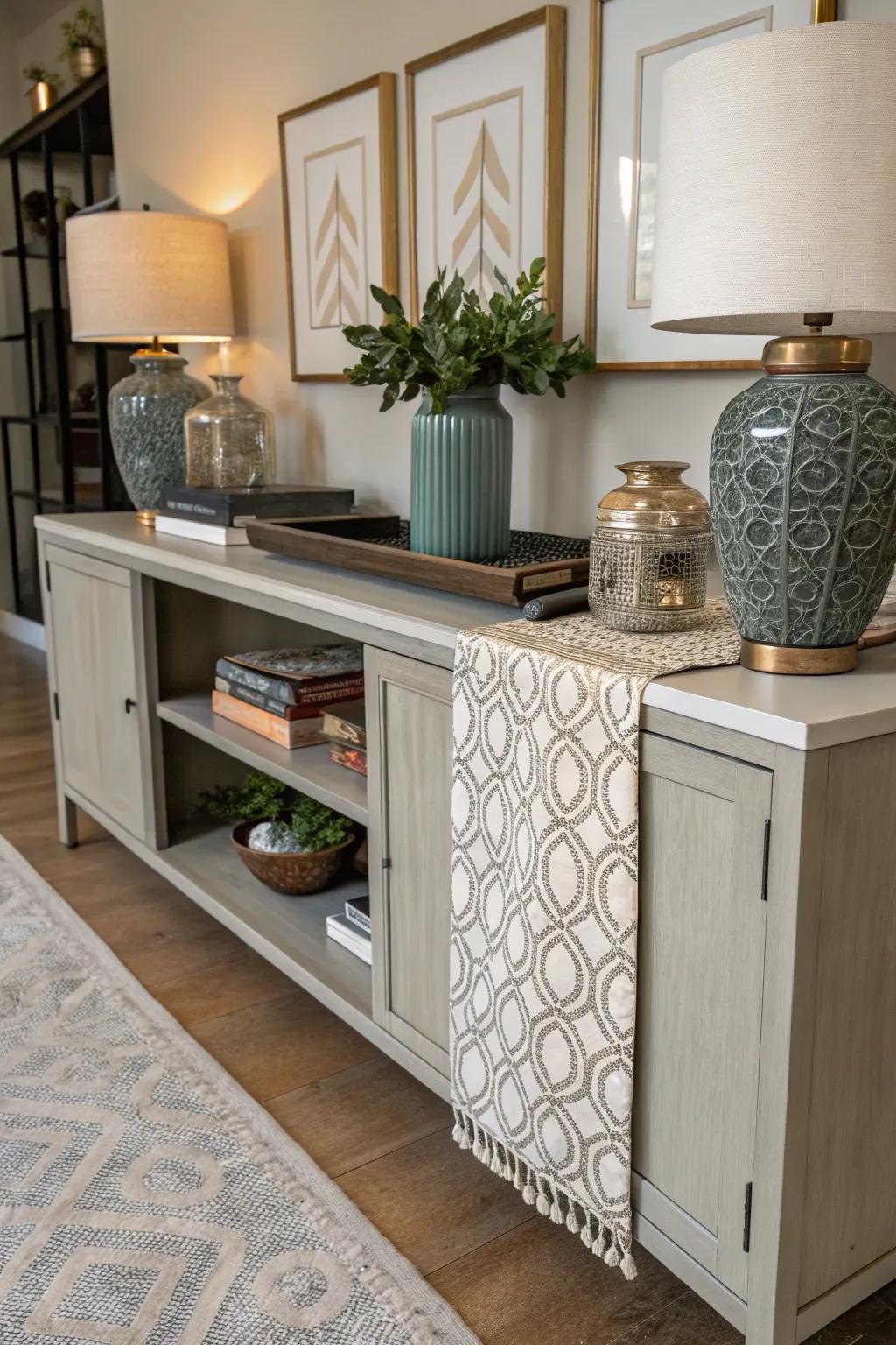 A sideboard softened with a decorative runner.