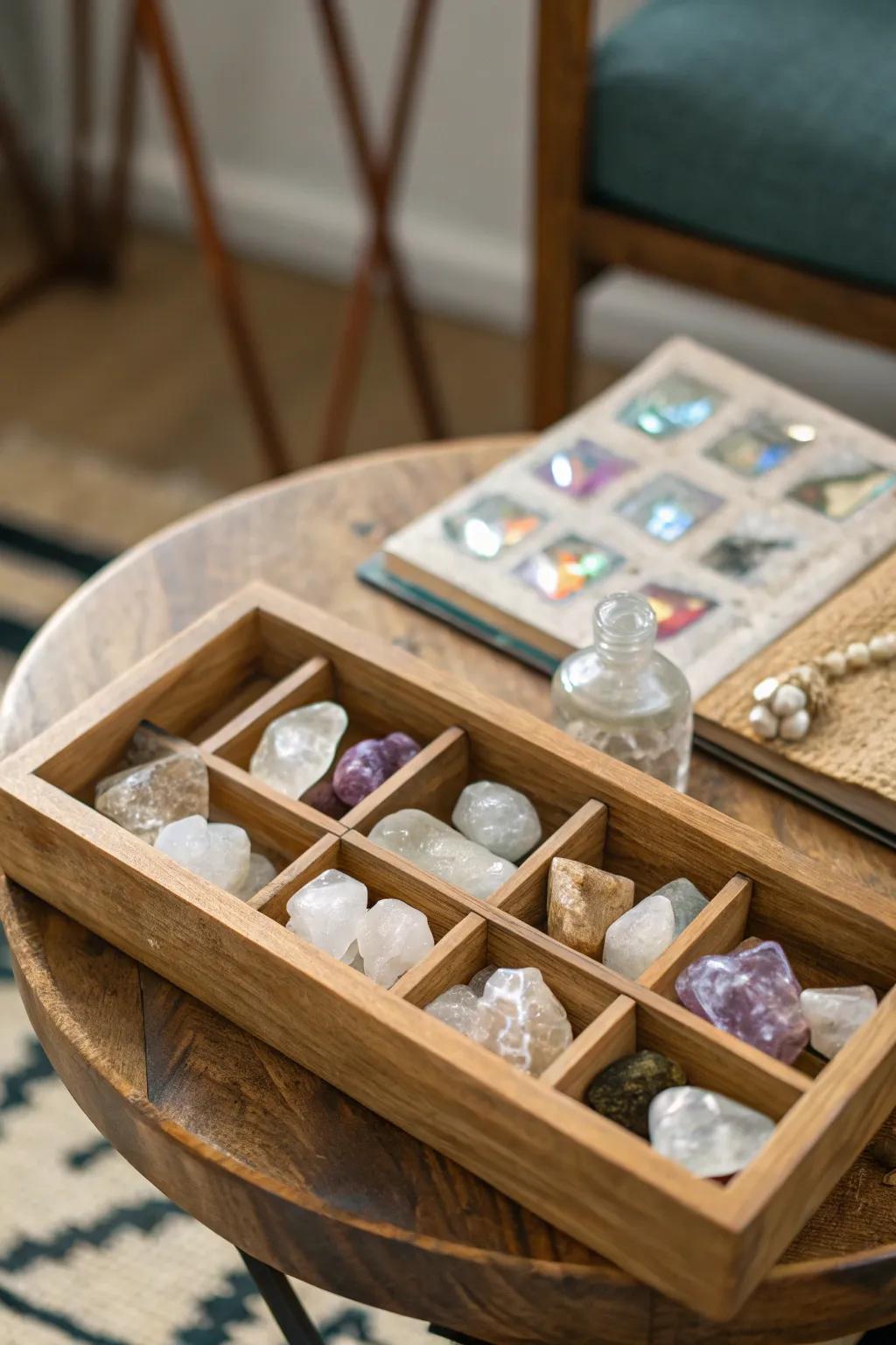 A wooden tray displaying a neat collection of crystals.