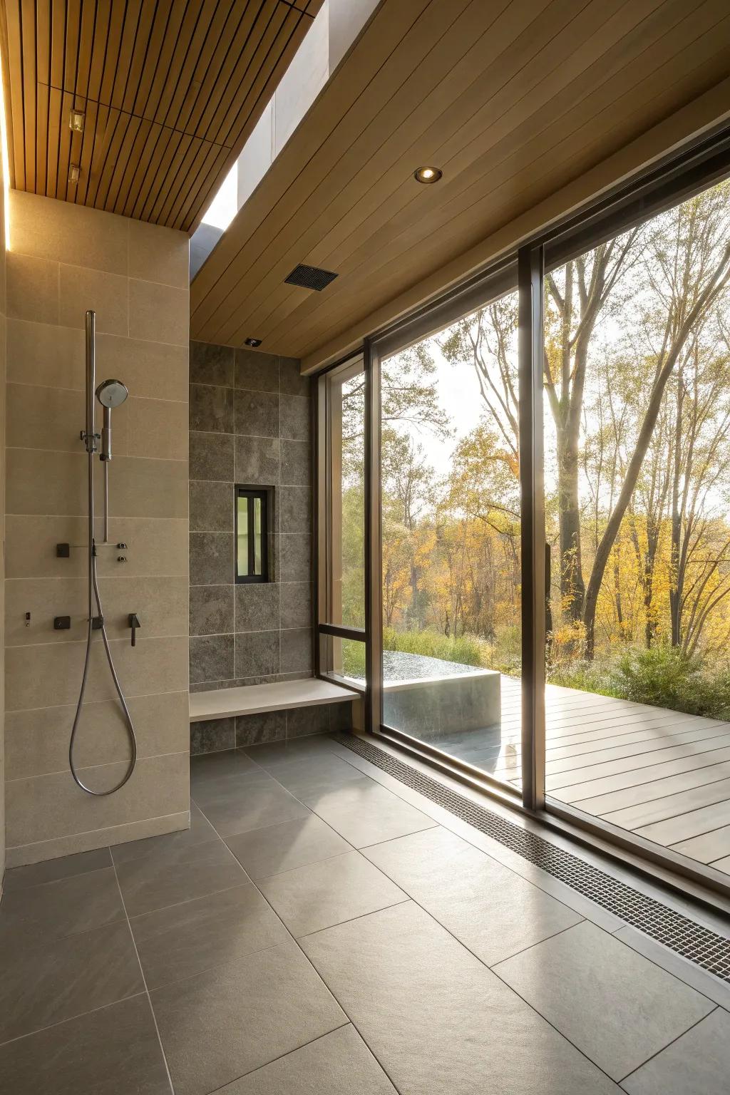 Sun pours into this shower without a curb, creating a bright and airy atmosphere.