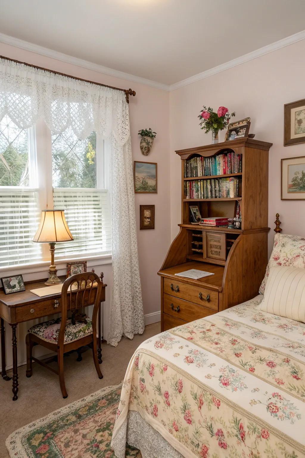 Lace curtains offer classic charm and delicacy over blinds.