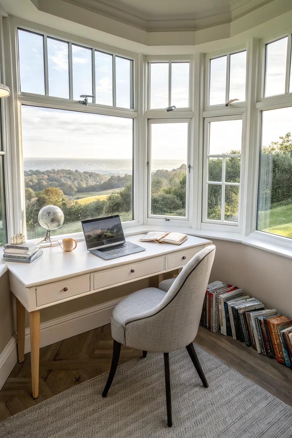 A practical work area set up in an arched bay window.