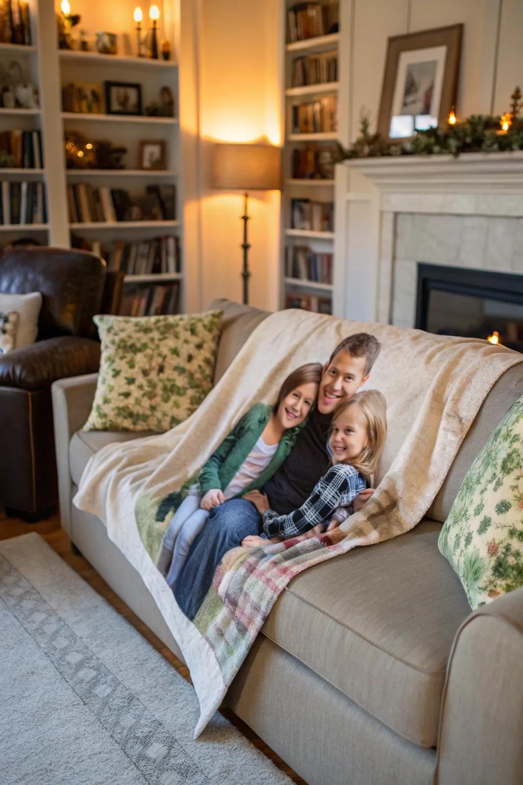 A personalized throw blanket offers warmth and sentiment.