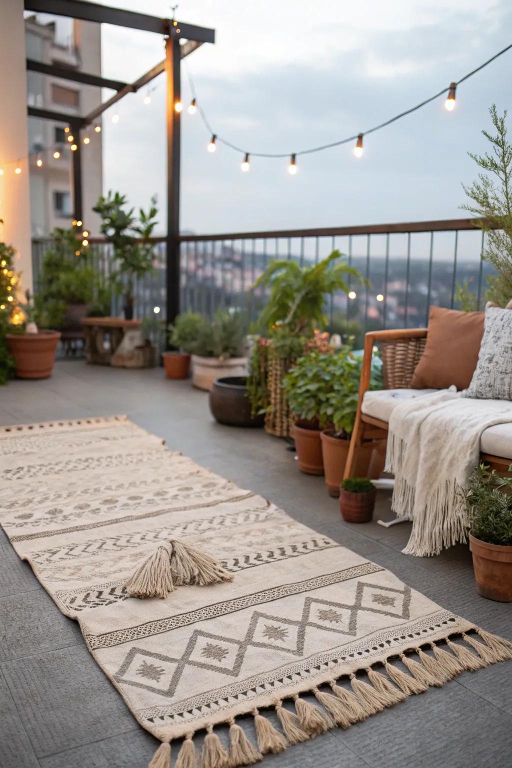 Bohemian tassel rugs introduce texture and relaxed charm to outdoor settings.