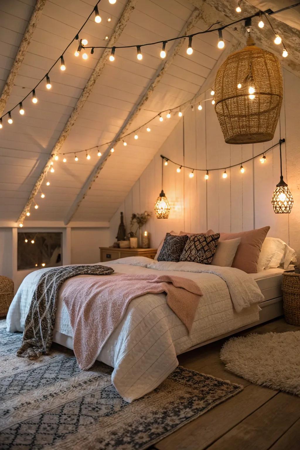 Creative lighting beautifully transforms the room's atmosphere.