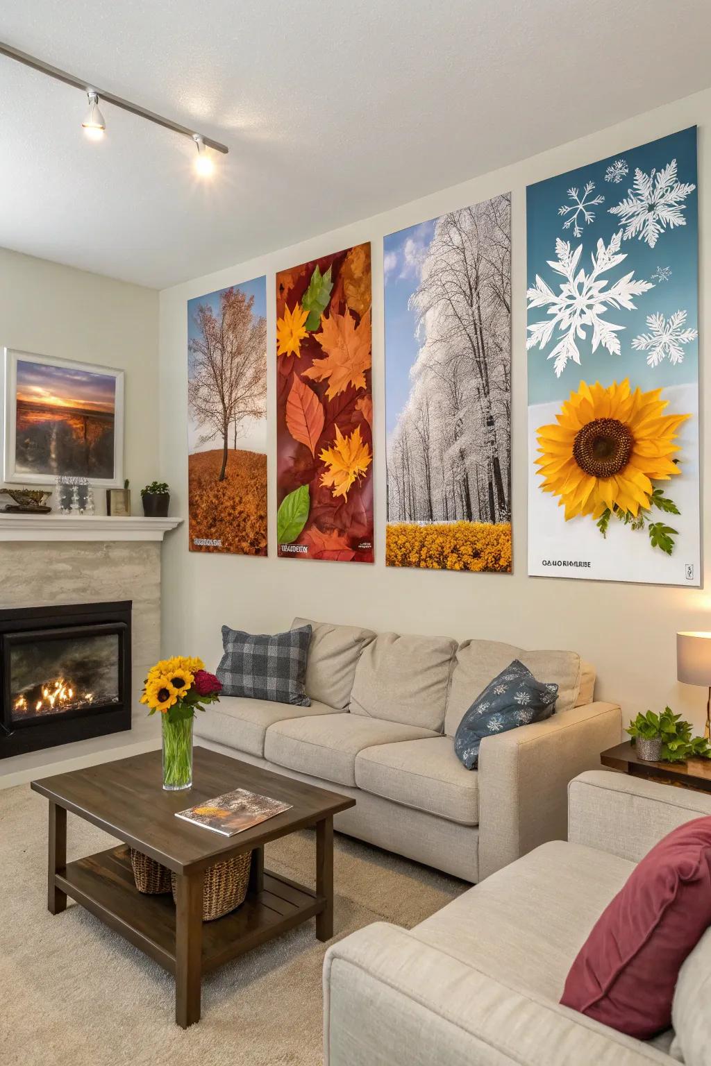 Posters with seasonal motifs decorating a living room.