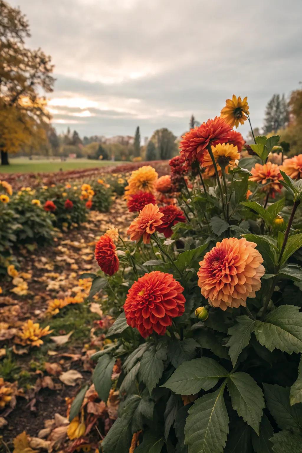 Seasonal harmony featuring autumn-toned dahlias.
