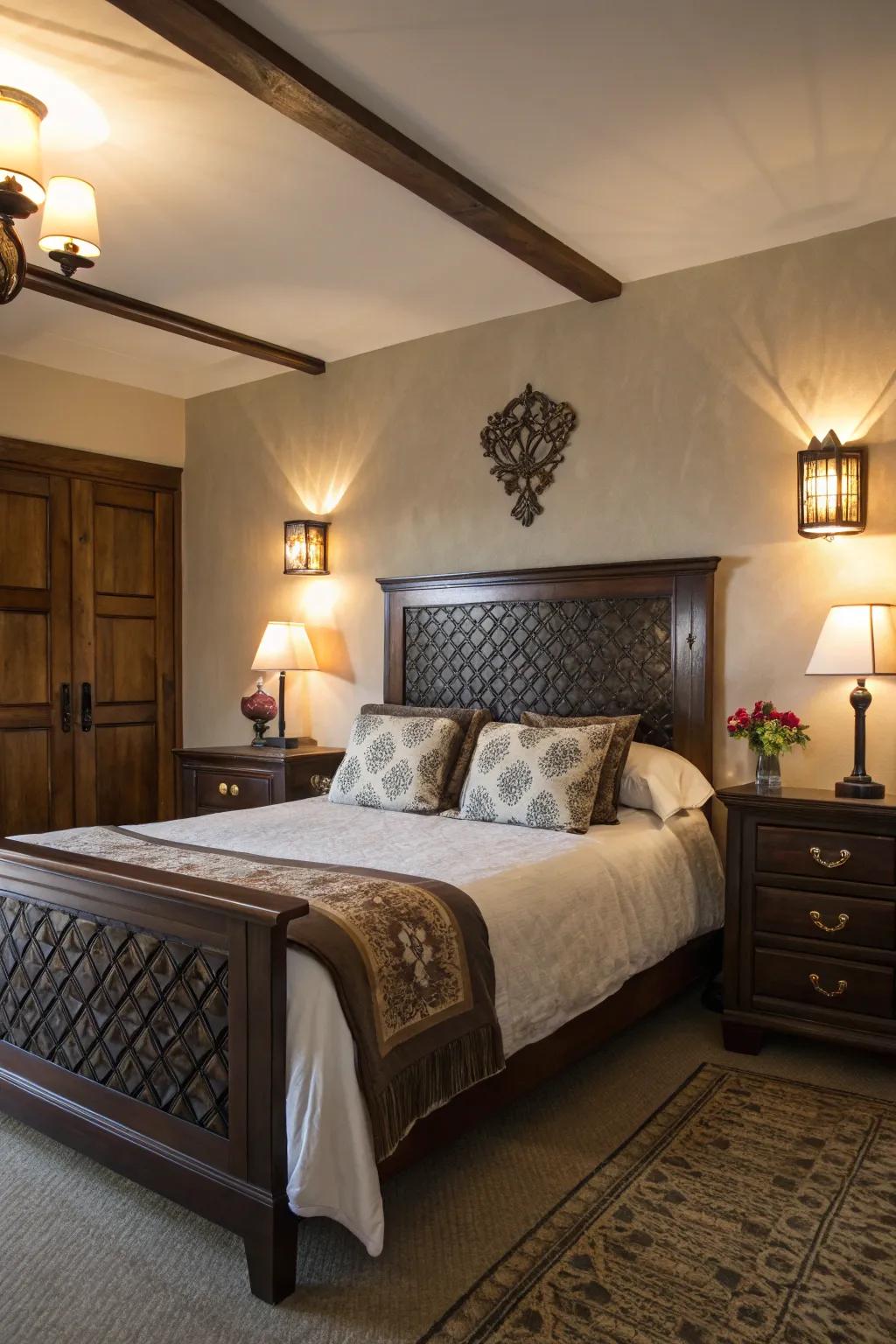 Subtle lighting can help enhance the warm hues of dark brown decor.