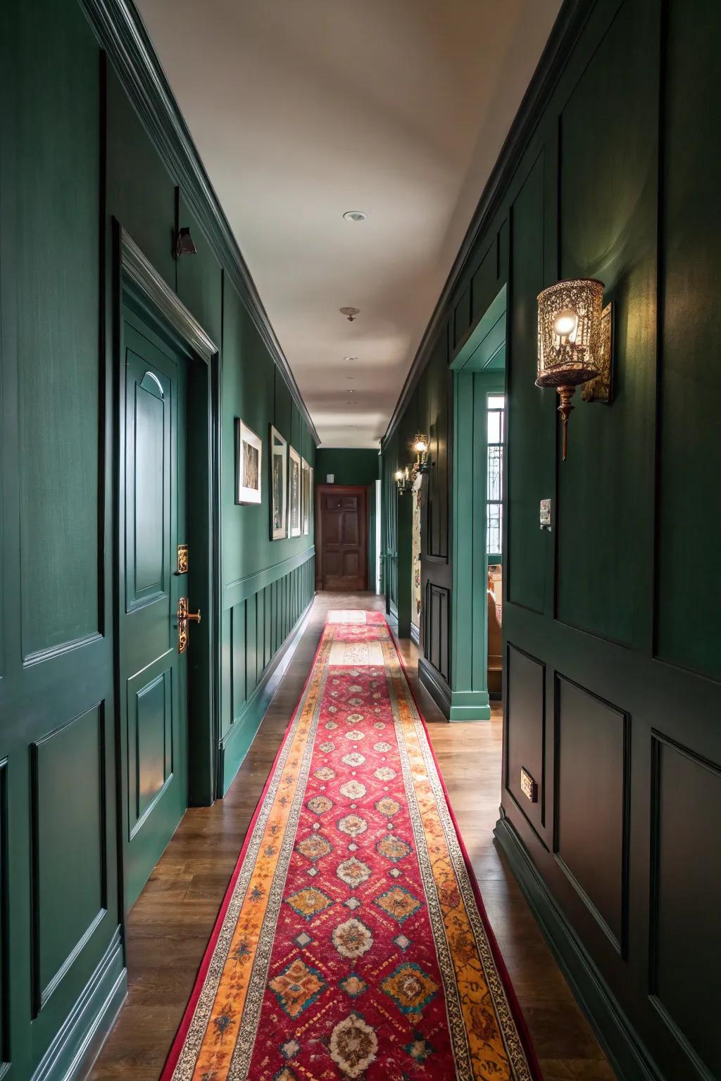 A hallway carpet adds color to the deep green hallway.