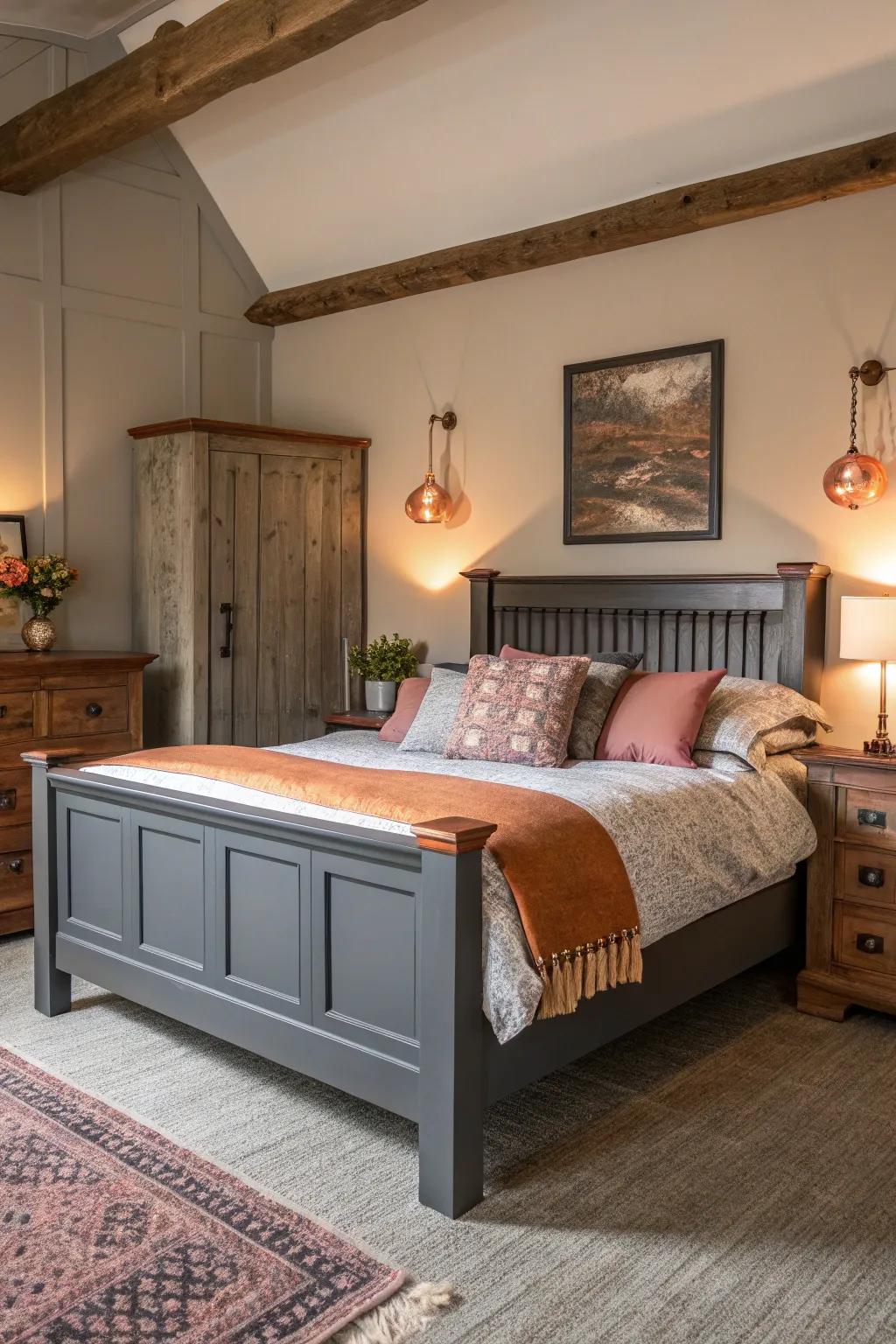 Bronze details add warmth and beauty to a grey-themed bedroom.