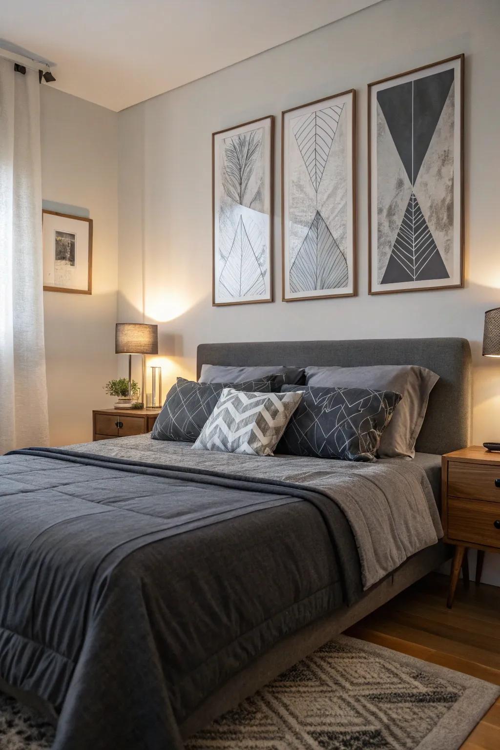 Charcoal bedding is complemented by artwork that adds a personal touch.