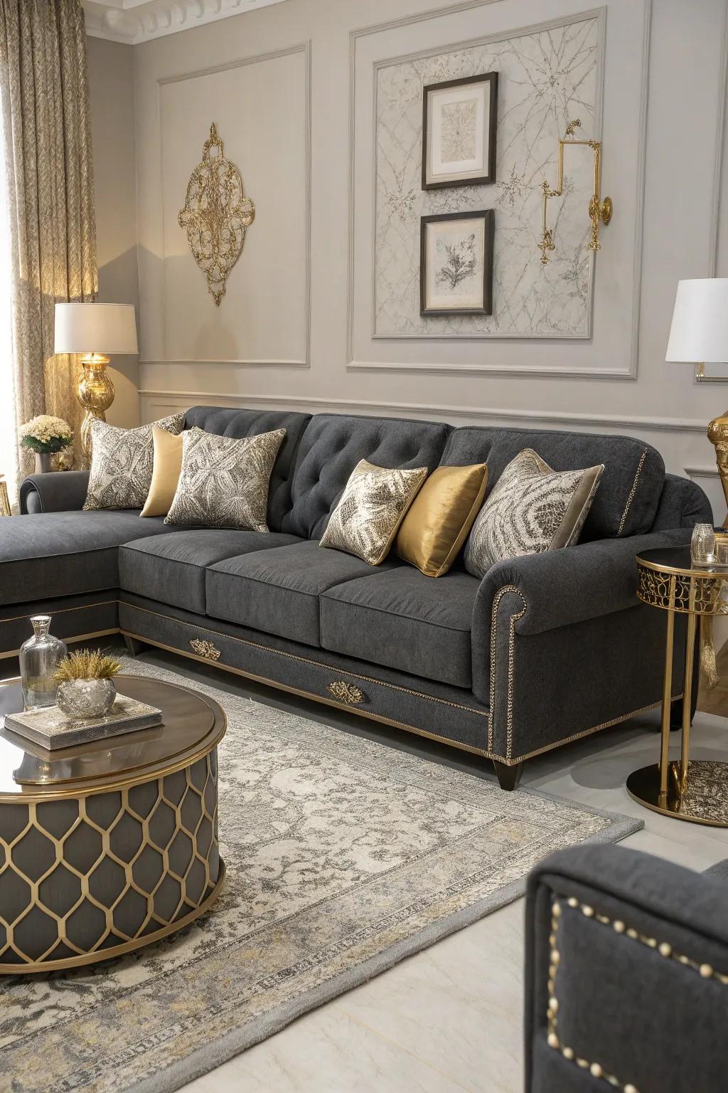 Metallic accents impart glamour and mirror light.
