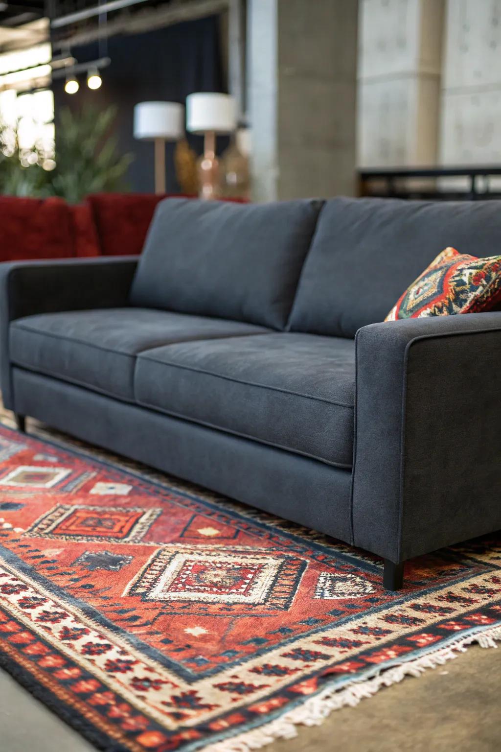 A contrasting rug defines and enhances the space around a grey couch.