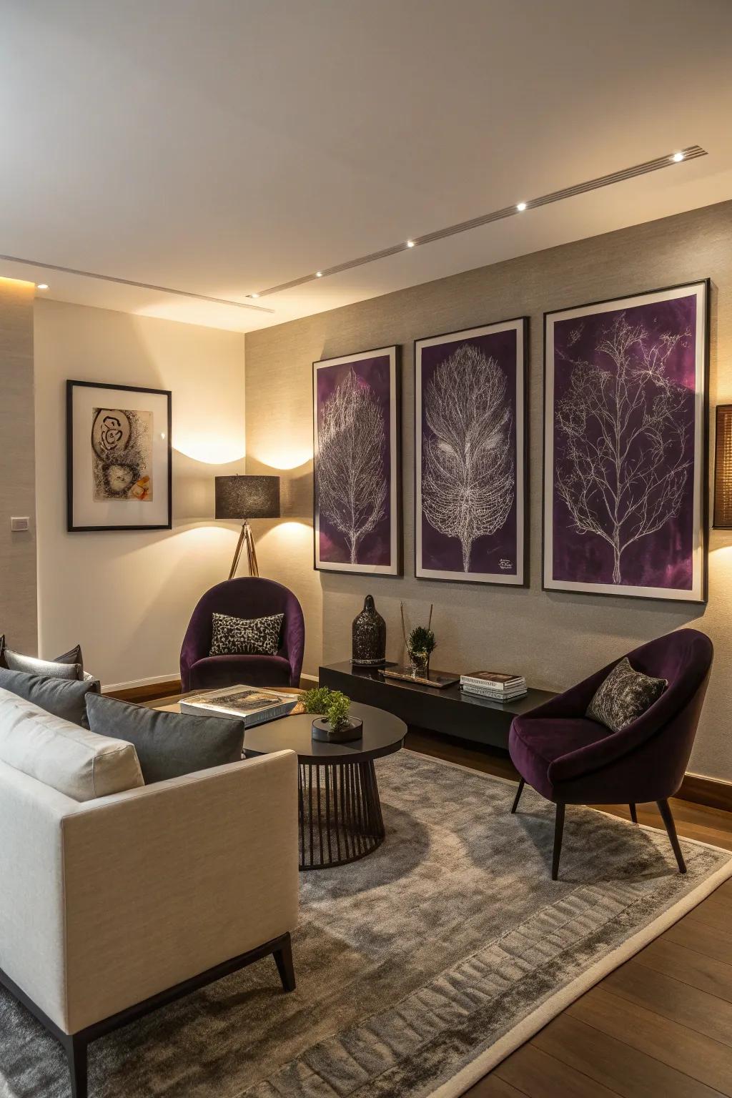 Violet artwork introduces a pop of color and fascination to this contemporary lounge.