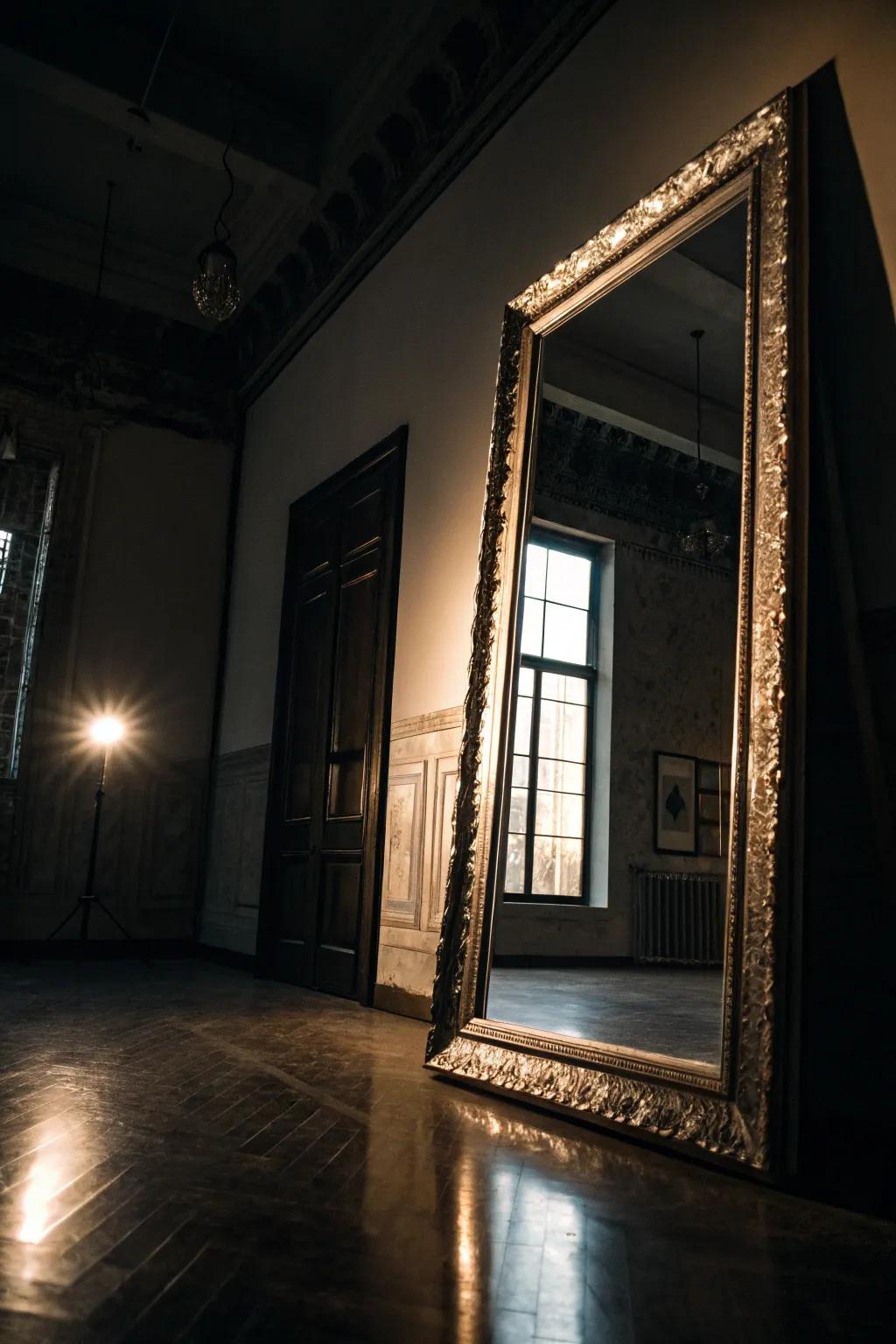 A dark room brightened by a large mirror.
