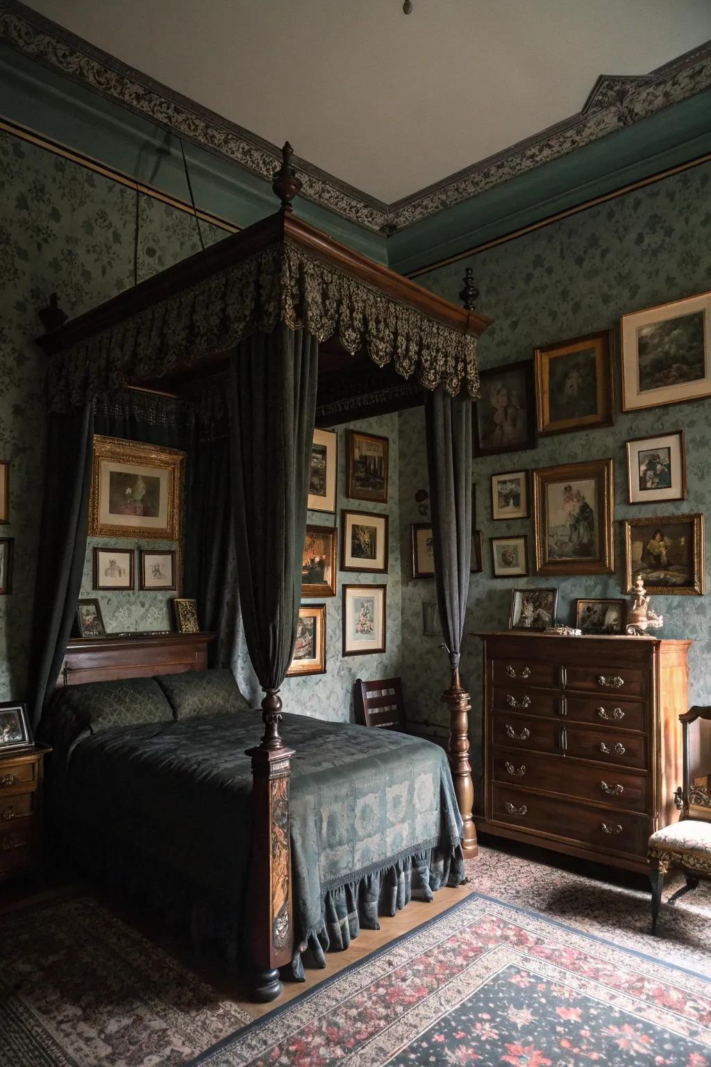 Period art pieces enhance the old-world charm of a dimly lit, old-fashioned bedroom.