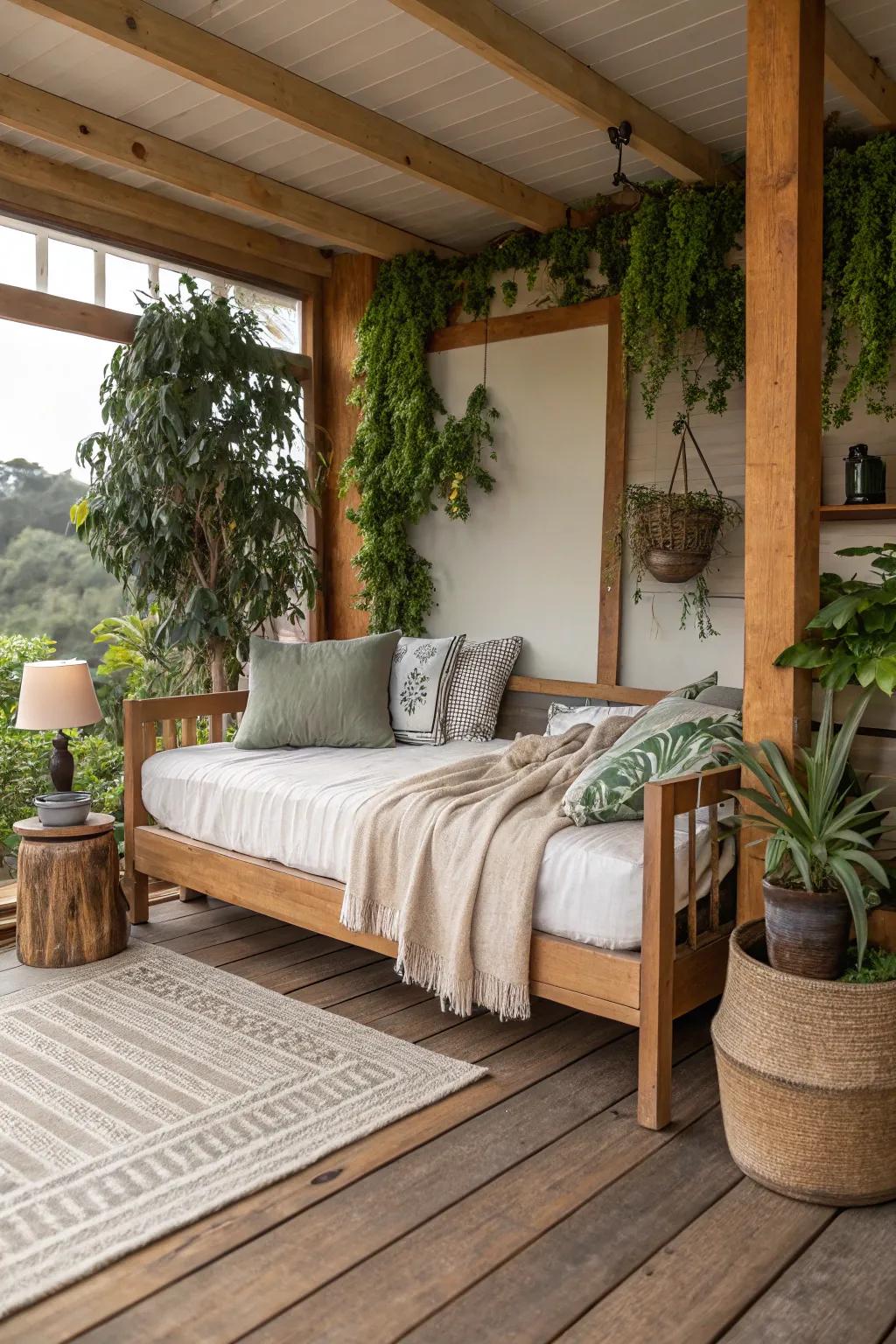 Daybed featuring raw materials and greenery