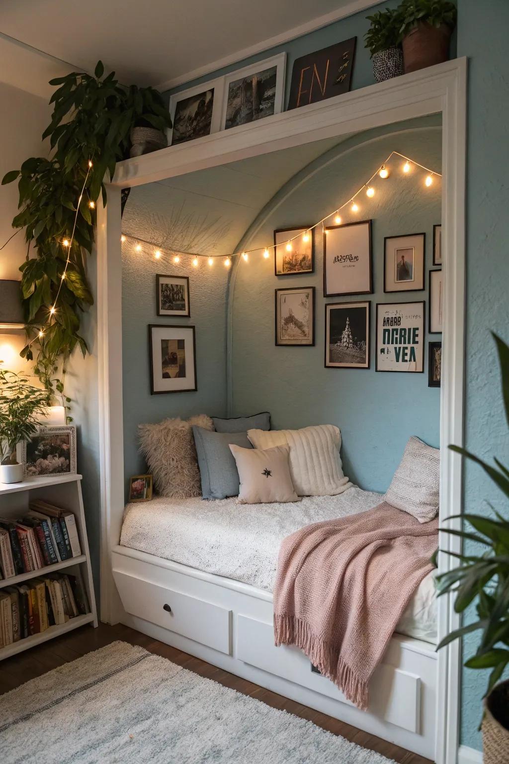 An alcove transformed into a cozy retreat using a stylish daybed.
