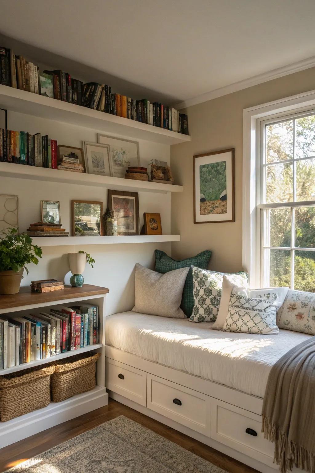 Wall shelves offer storage and display options without cluttering the space.