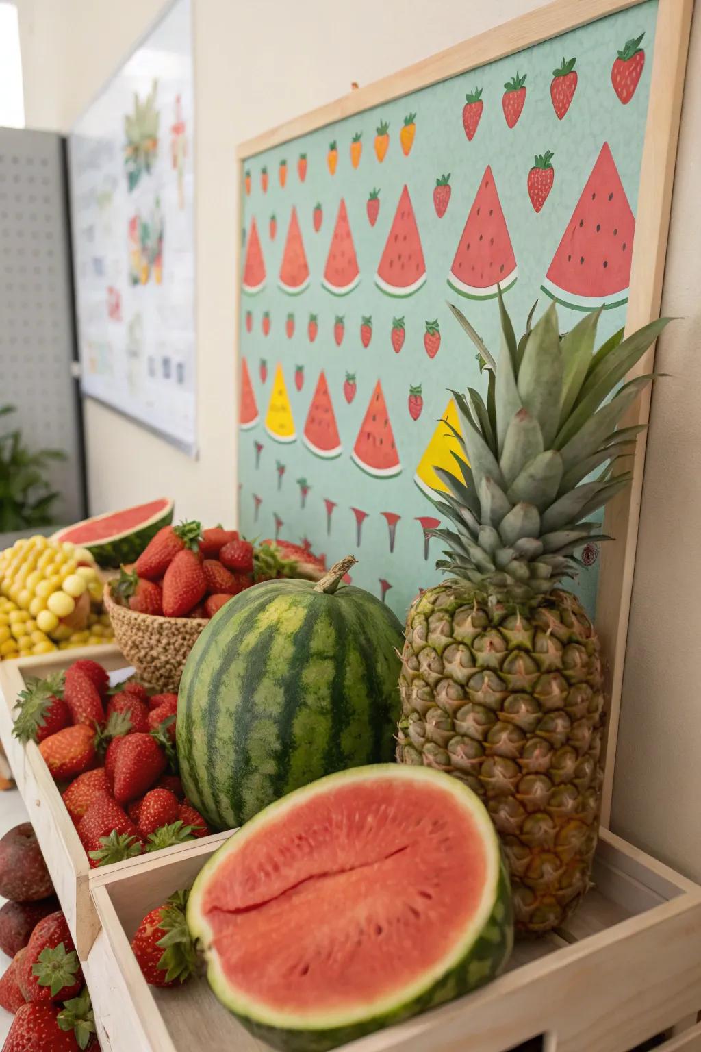 Fruit Festival bulletin board showcasing vibrant fruit decorations.
