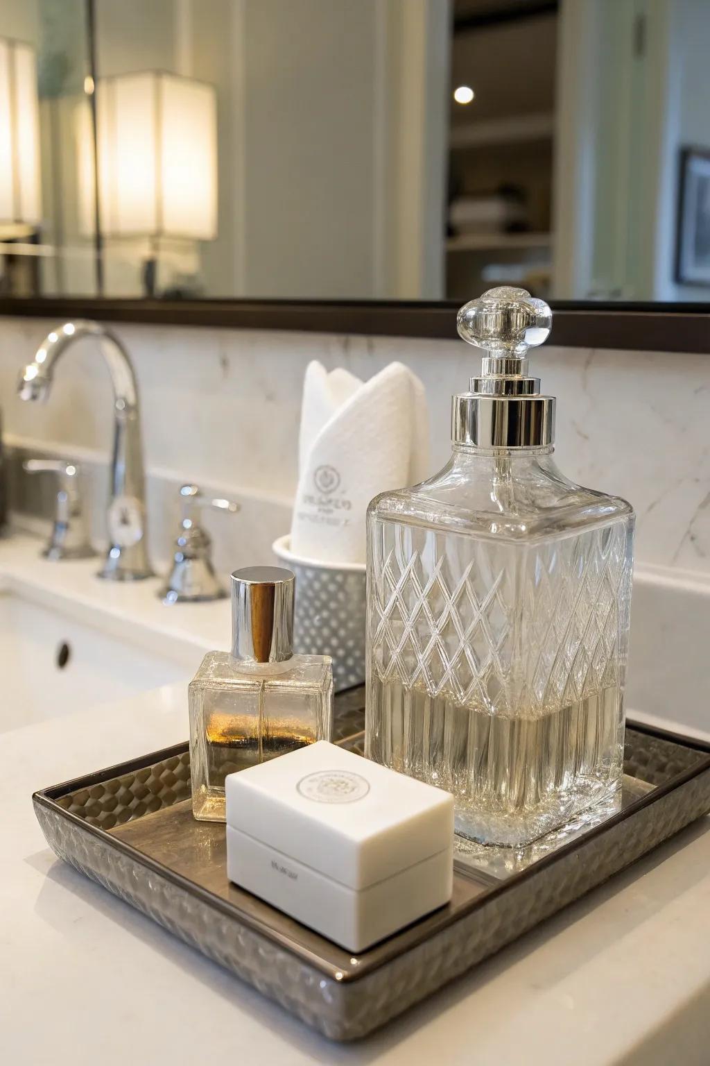 A bathroom countertop featuring a glass vessel as an oral rinse holder.