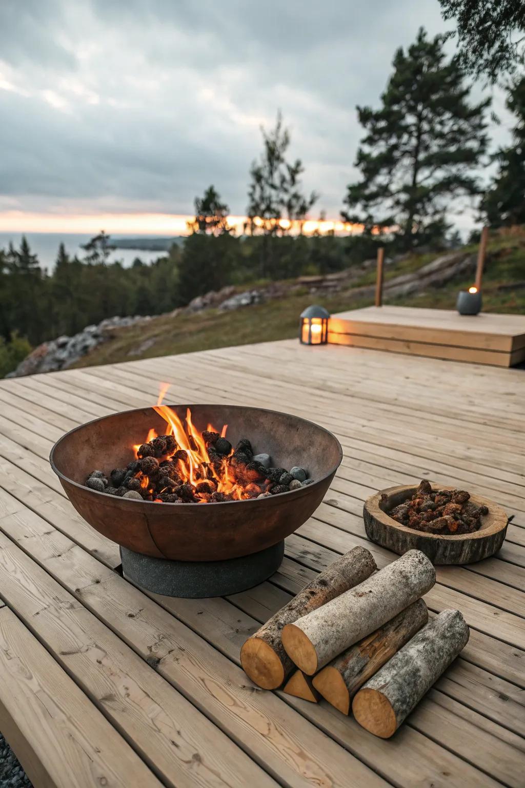 Add rustic charm to your deck with a wood-burning fire bowl.