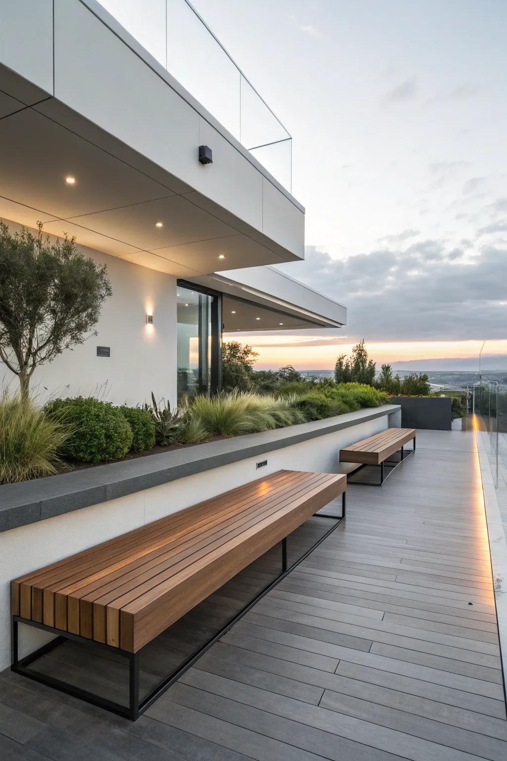 Elevated benches deliver a contemporary and airy design characteristic.