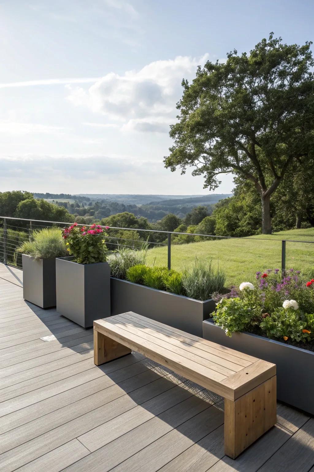 A minimalist approach with sleek lines and plant holders.