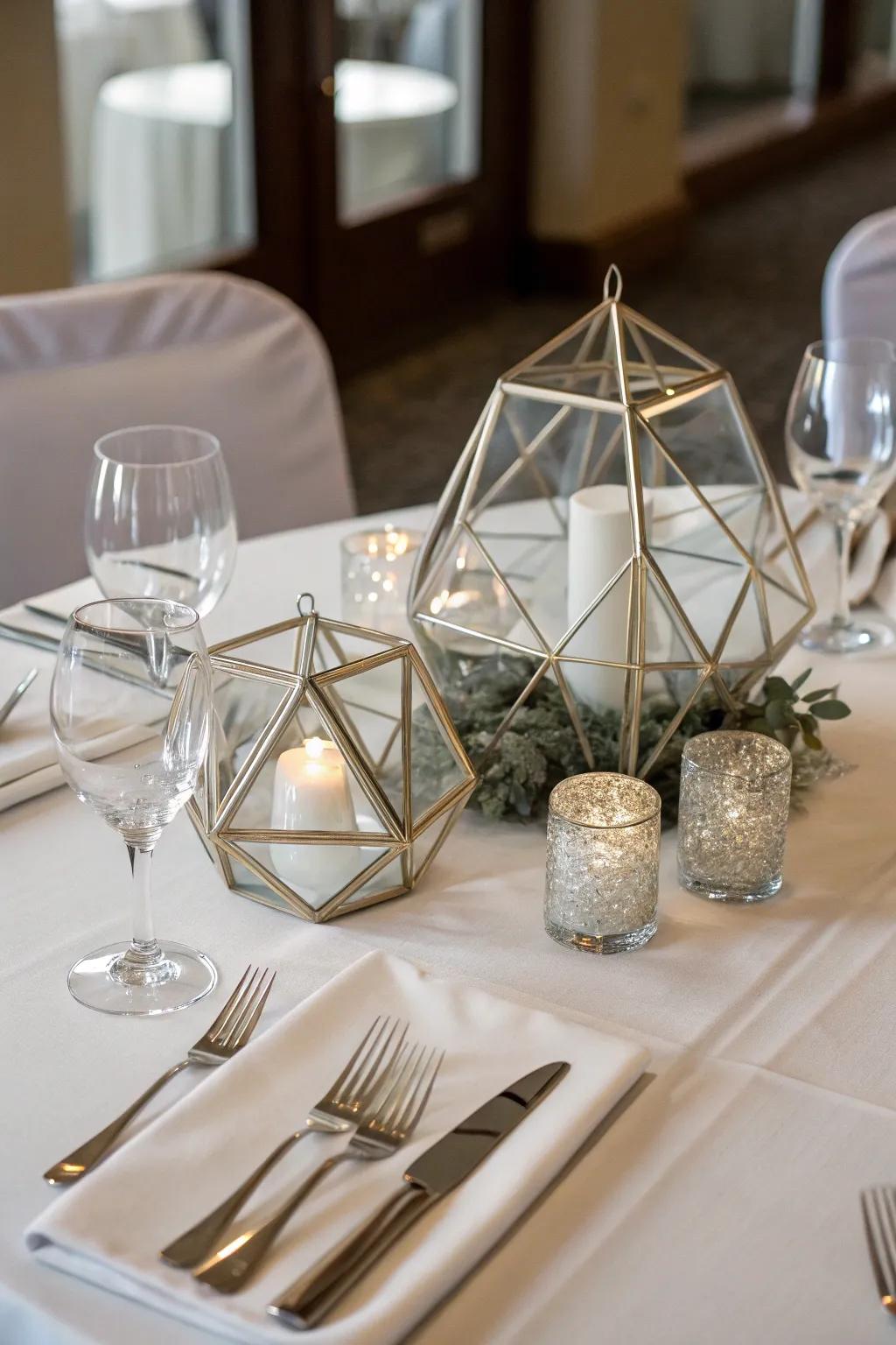 Modern geometric centerpieces at a wedding table.