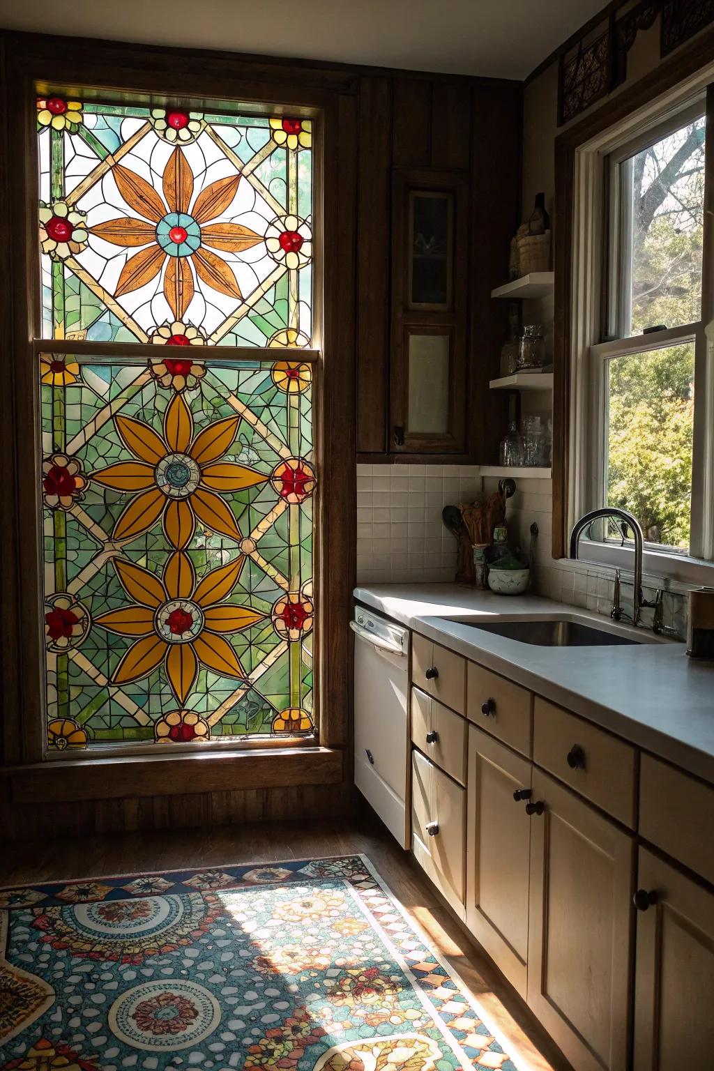 Stained glass application provides seclusion and beauty.