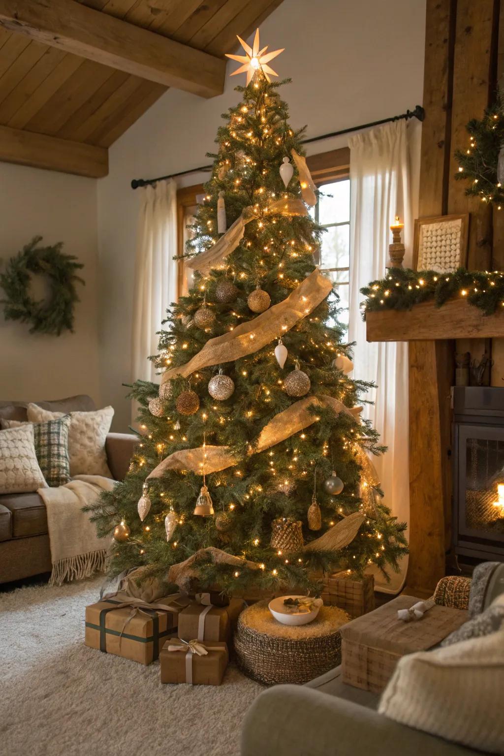 A rustic hideaway Christmas tree with warm lights and wooden decorations.