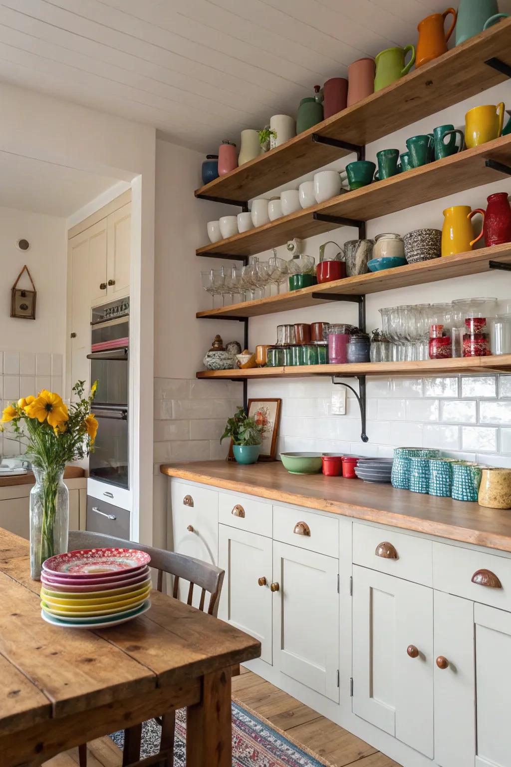 Open shelving displays items while keeping spaces bright.