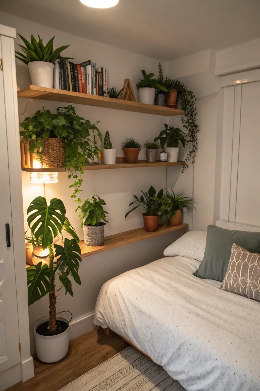 Miniature potted plants bring vibrancy to a small bedroom.