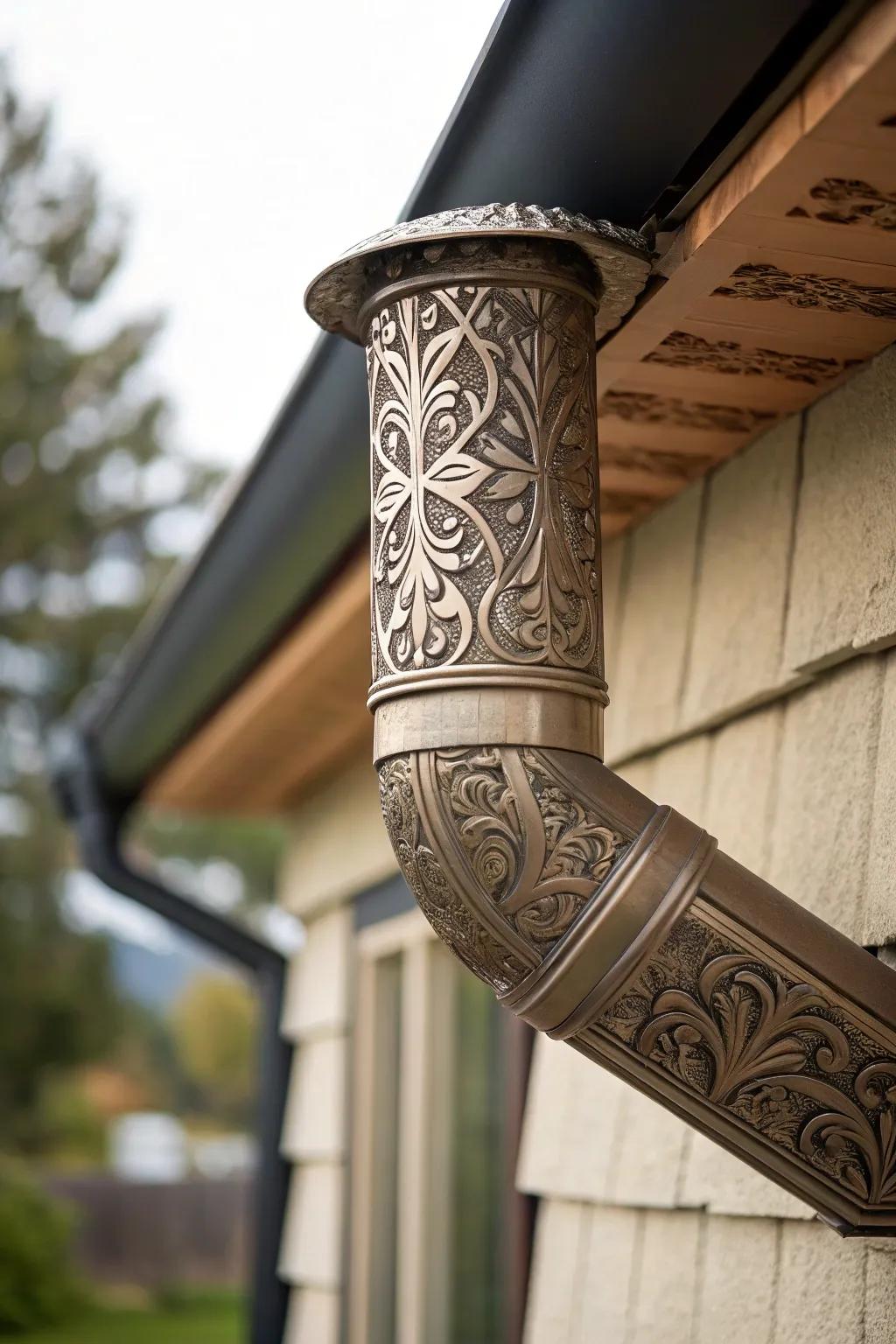 Artistic extensions transform downspouts into design elements.