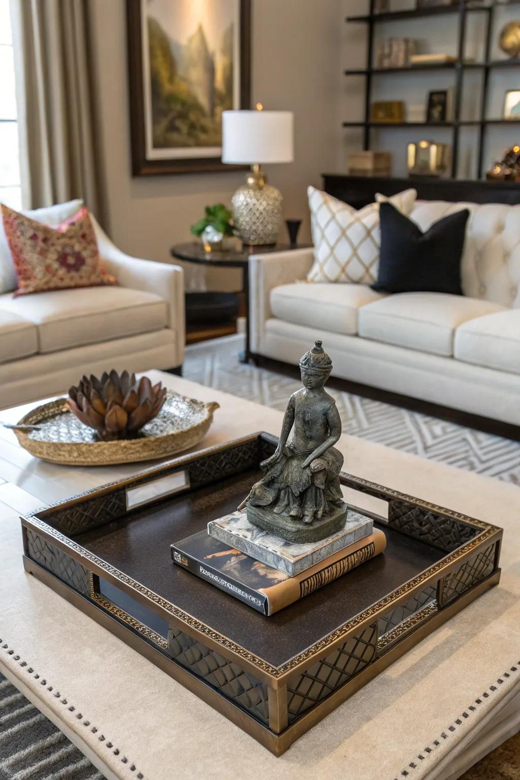 An artistic vibe with a small sculpture on a decorative display piece.