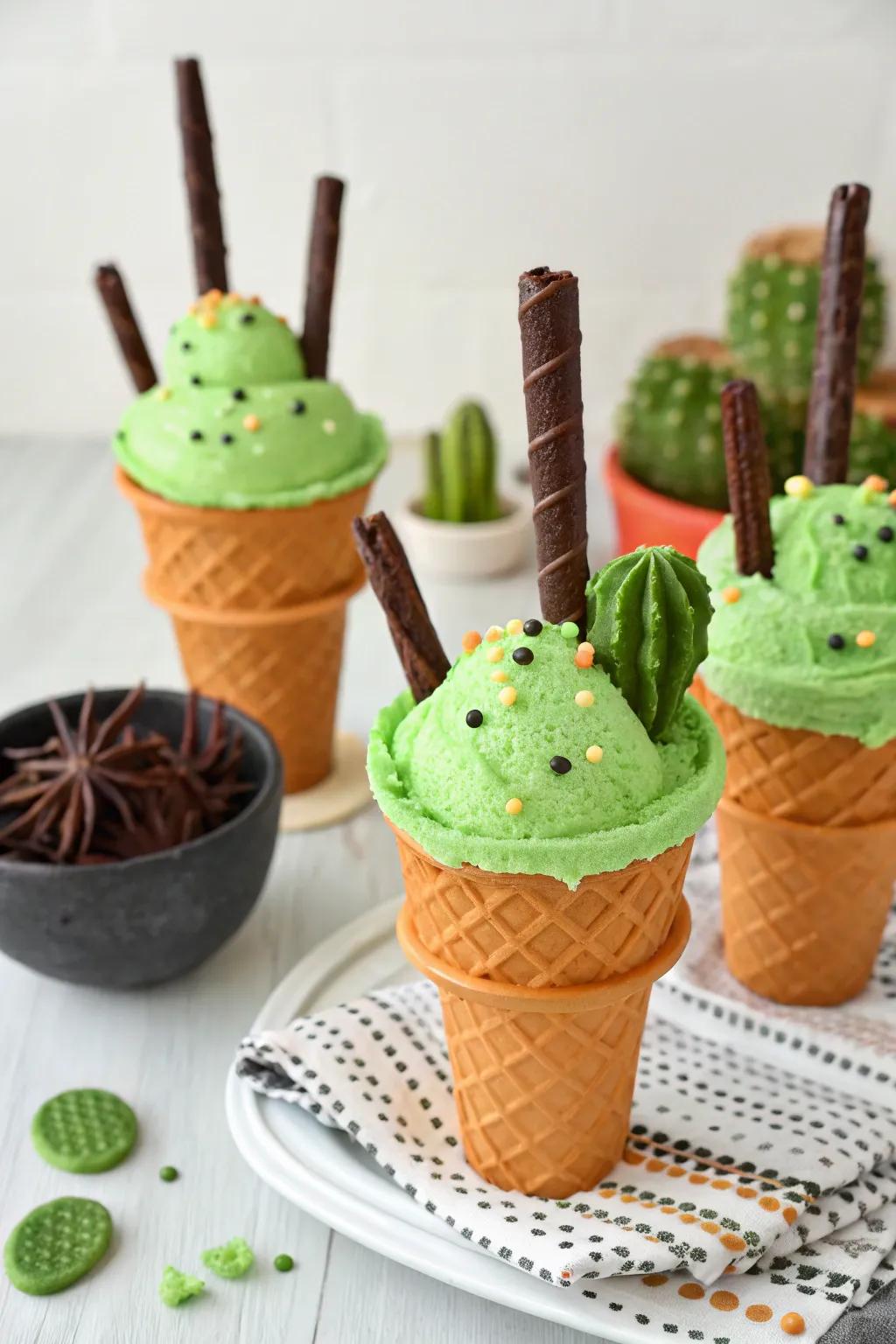 Spiked goodness-shaped frozen cream cones featuring verdant frozen cream and cocoa sticks.