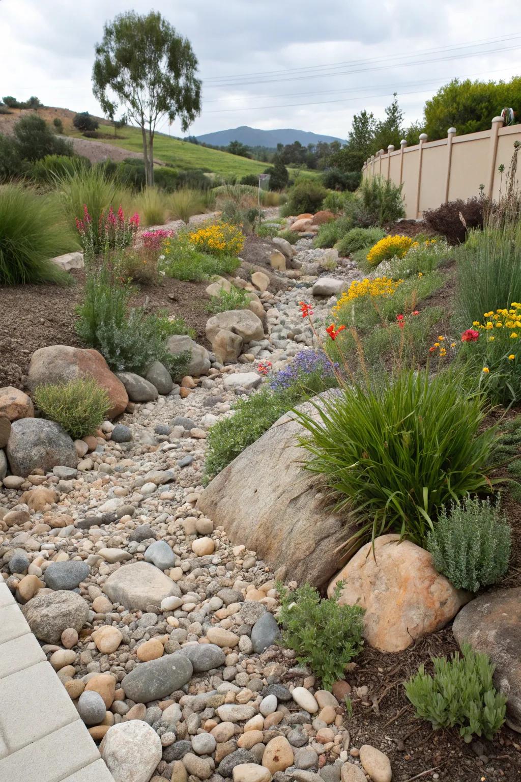 A dry river bed that adds texture and utility to the landscape.