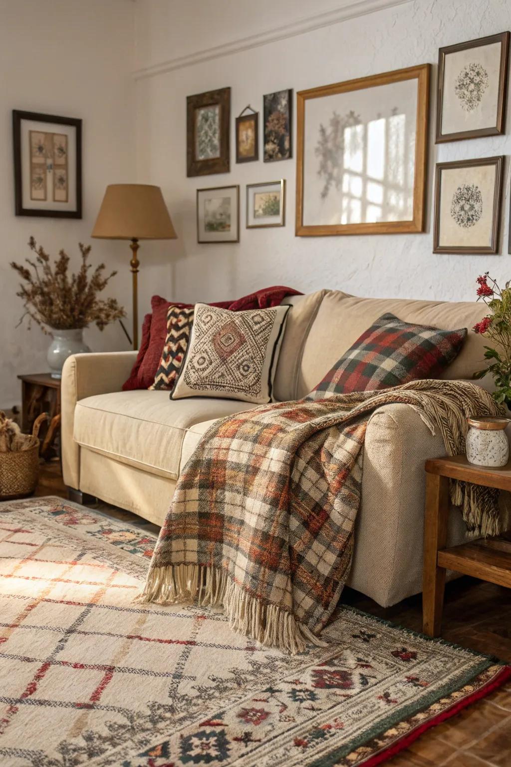 A cozy and chic space featuring a variety of surfaces and designs.