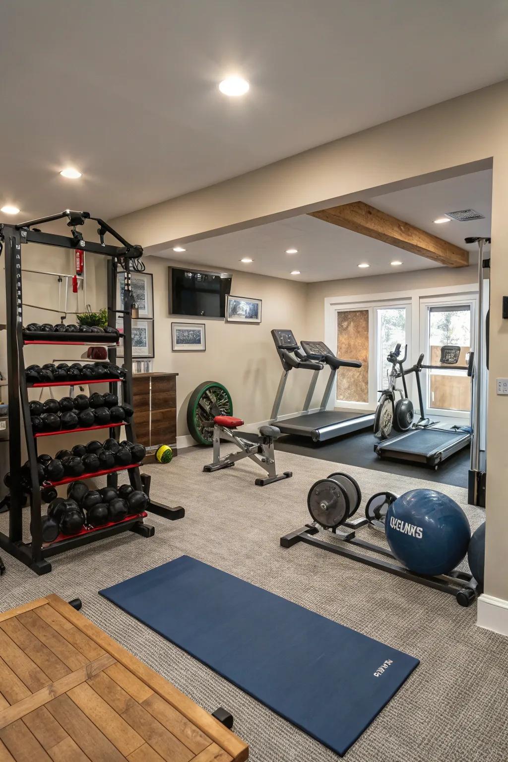 A multi-use gym that features designated spaces that support many routines.