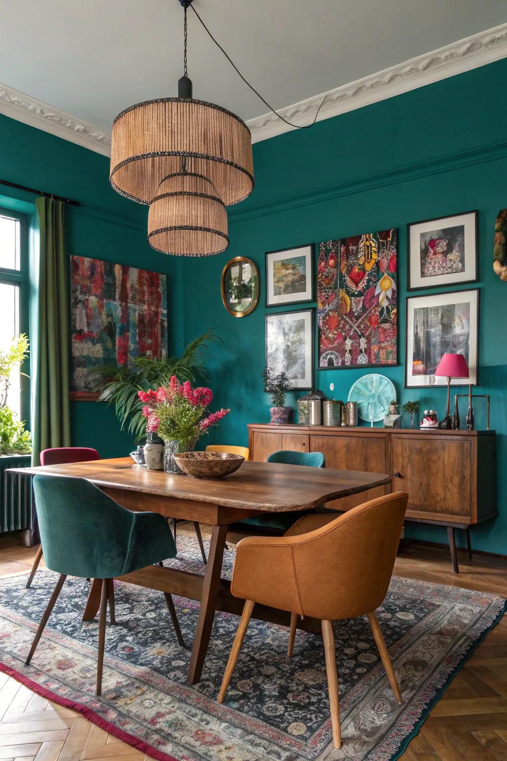 A vibrant dining space enhanced by the striking hue of teal.