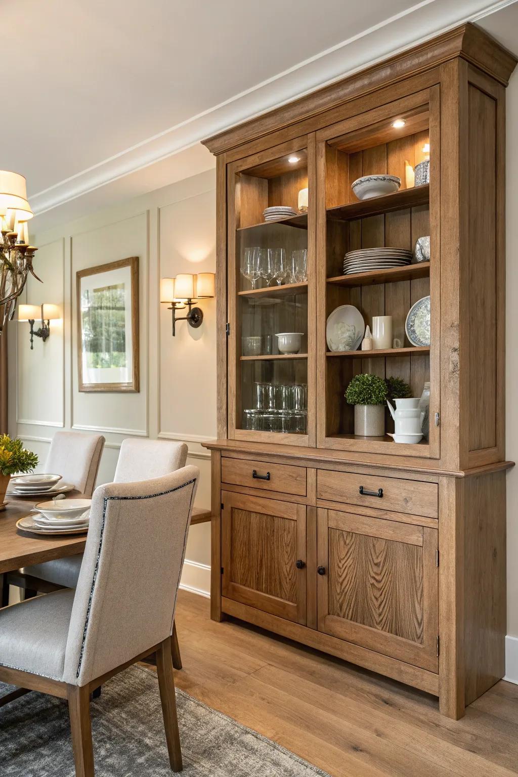 A corner cabinet blends practical storage with elegant design.