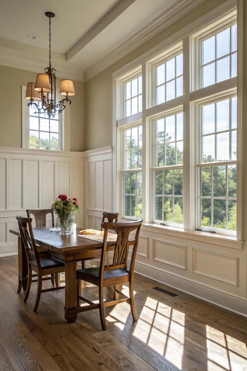 Wainscoting highlights the natural light and views in this airy dining room.