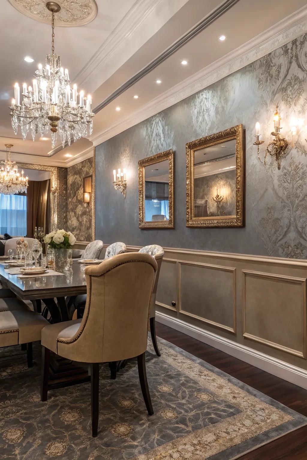 Metallic coating below the chair rail adds a luxurious shimmer.