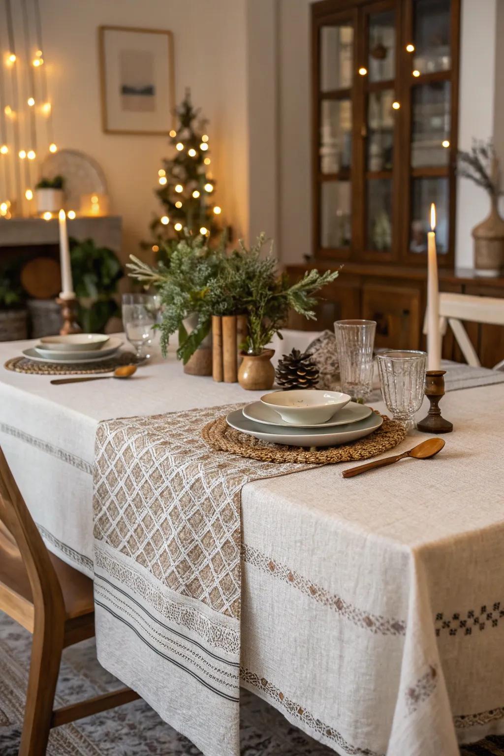 Textured table linens enhance the visual appeal of the table.