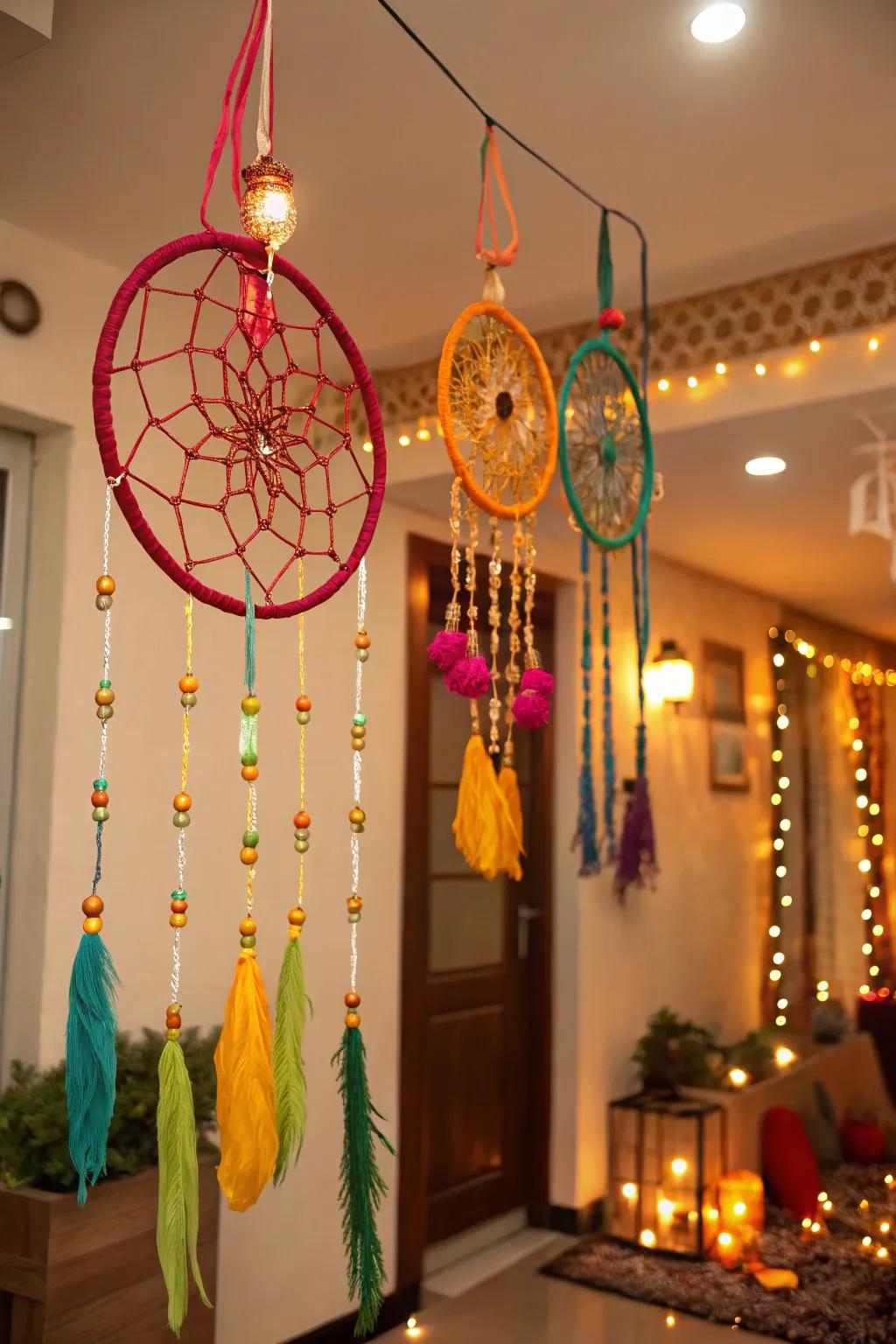 Dreamcatchers introduce a whimsical and vibrant element.