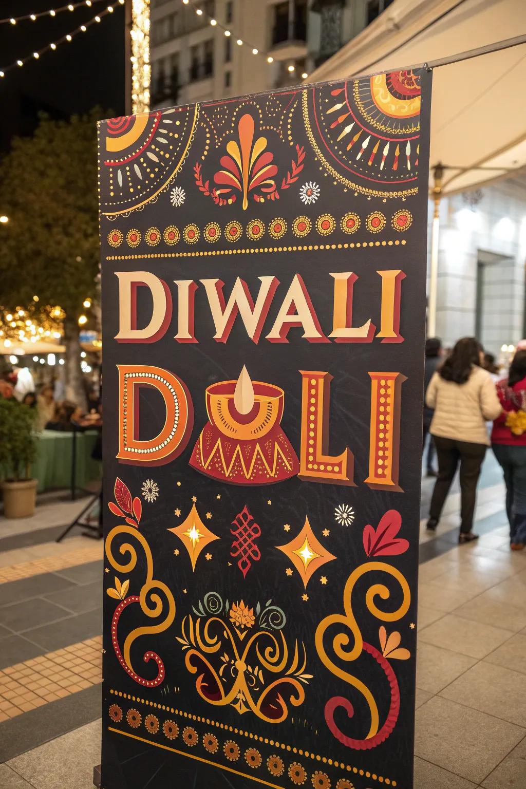 A Diwali poster featuring striking festive writing.