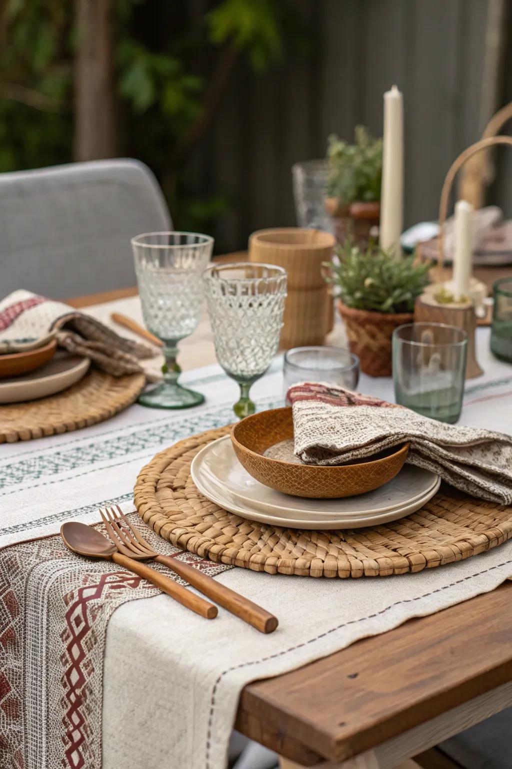 Layered textures using fabrics, glass, and wood create a full and inviting surface setting.