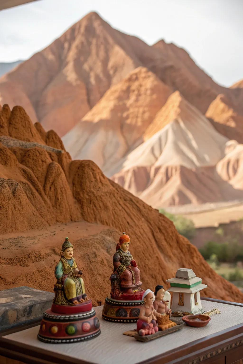 Dramatic clay mountains add depth to the Golu scene.