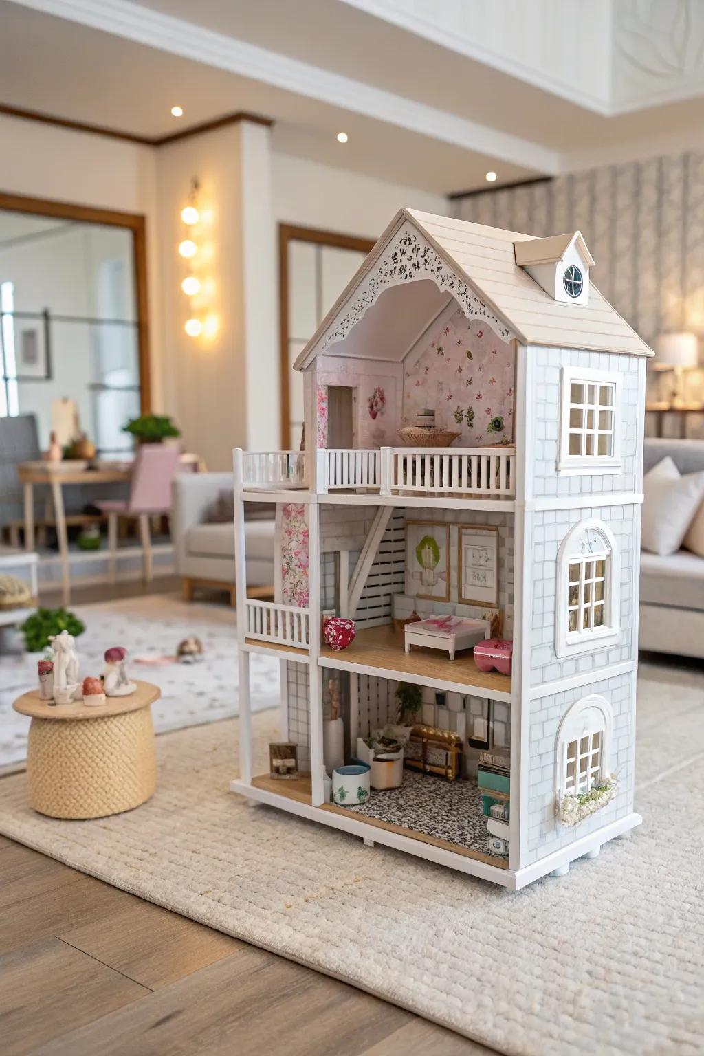 Open-front designs showcase a full view of the dollhouse interiors.
